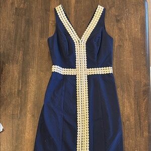 Lilly Pulitzer Blue Sheath Dress with gold Trim V-Neck